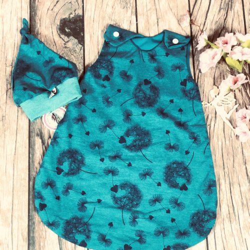 Schlafsack mit Muetze Tuerkis Blumen Groesse 44